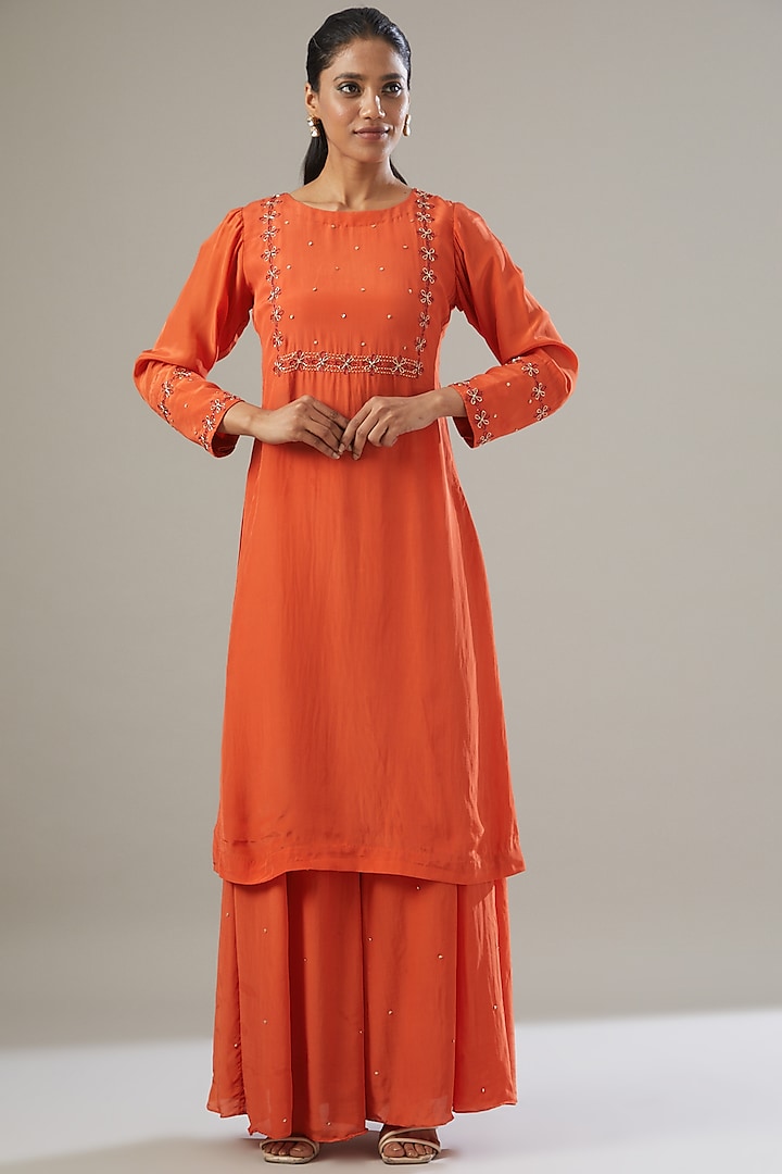 Saffron Crepe Kurta Set by VIDHI AGRAWAL at Pernia's Pop Up Shop