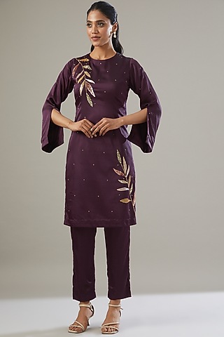 Aubergine Silk Satin Embroidered Kurta Set by VIDHI AGRAWAL