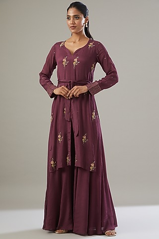 Wine Chiffon Kurta Set by VIDHI AGRAWAL