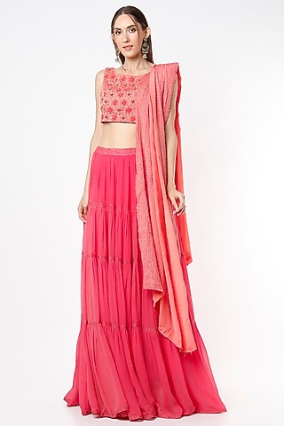 Pink Tiered Lehenga Set by VIDHI AGRAWAL