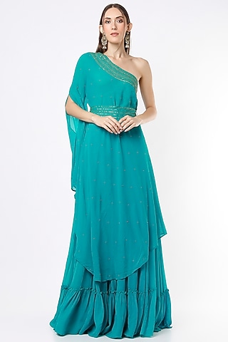 Teal One-Shoulder Kaftan Set by VIDHI AGRAWAL