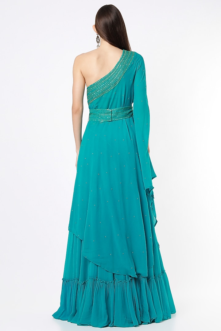 Teal One-Shoulder Kaftan Set by VIDHI AGRAWAL at Pernia's Pop Up Shop