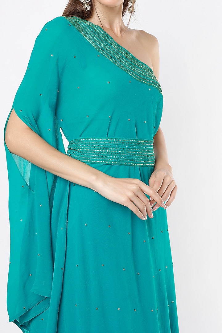 Teal One-Shoulder Kaftan Set by VIDHI AGRAWAL at Pernia's Pop Up Shop