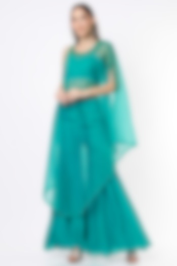 Teal Embroidered Cape Set by VIDHI AGRAWAL