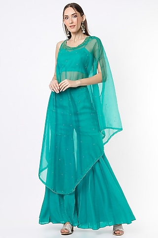 Teal Embroidered Cape Set by VIDHI AGRAWAL