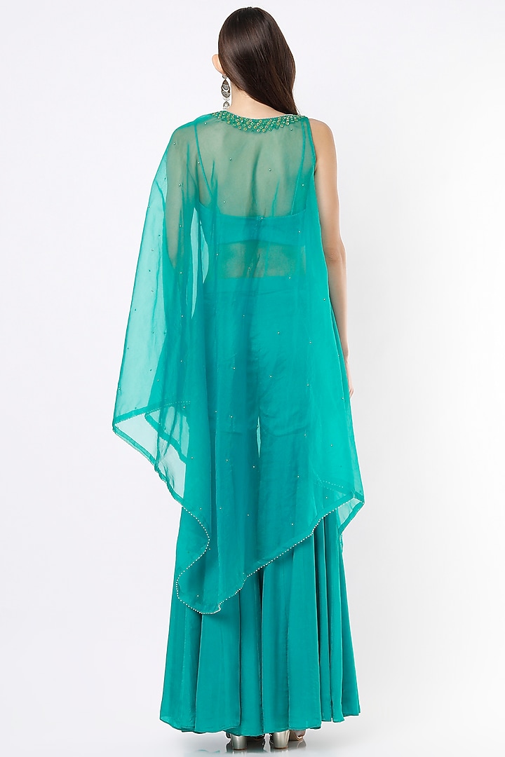 Teal Embroidered Cape Set by VIDHI AGRAWAL at Pernia's Pop Up Shop