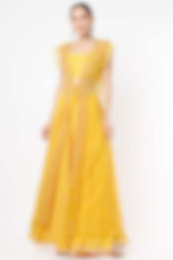 Canary Yellow Lehenga Set With Cape by VIDHI AGRAWAL