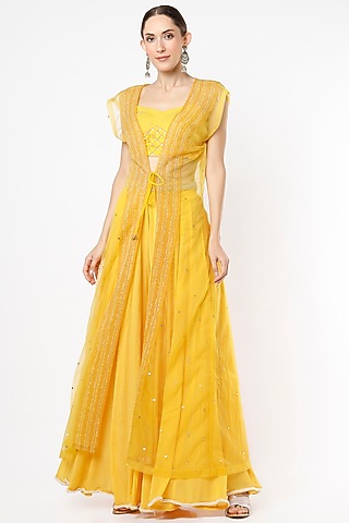 Canary Yellow Lehenga Set With Cape by VIDHI AGRAWAL