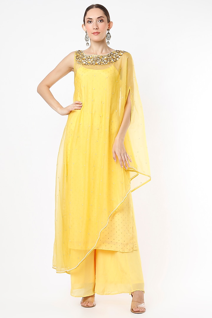 Canary Yellow Embroidered Kaftan Set by VIDHI AGRAWAL