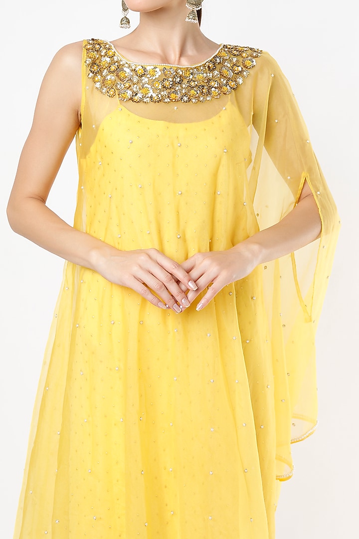Canary Yellow Embroidered Kaftan Set by VIDHI AGRAWAL at Pernia's Pop Up Shop