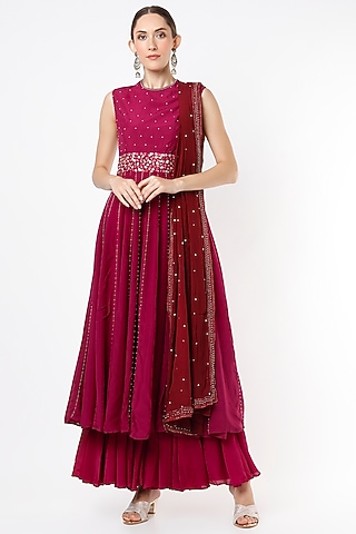 Burgundy Silk Satin Anarkali Set by VIDHI AGRAWAL
