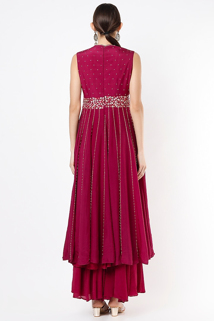 Burgundy Silk Satin Party Wear Anarkali Set by VIDHI AGRAWAL at Pernia's Pop Up Shop