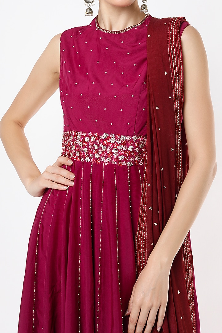 Burgundy Silk Satin Party Wear Anarkali Set by VIDHI AGRAWAL at Pernia's Pop Up Shop