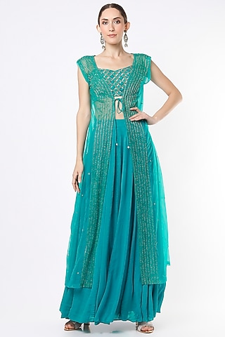 Teal Lehenga Set With Cape by VIDHI AGRAWAL