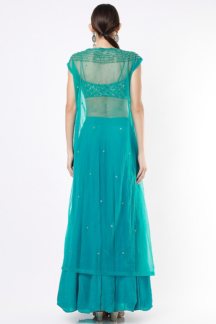 Teal Wedding Lehenga Set With Cape by VIDHI AGRAWAL at Pernia's Pop Up Shop