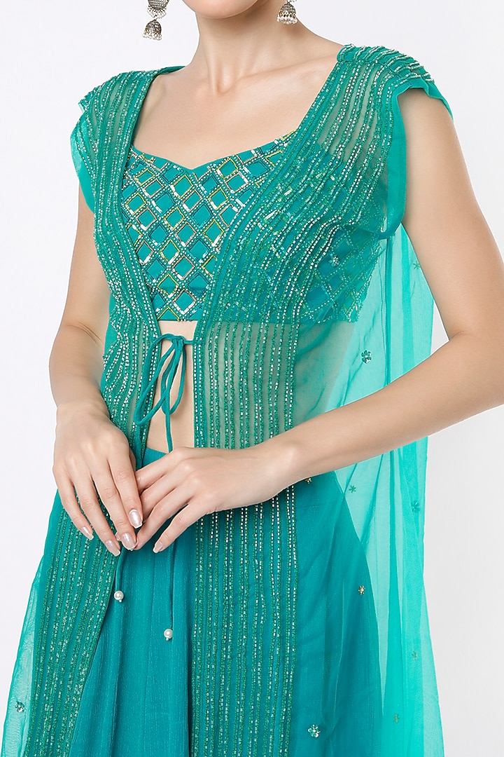Teal Wedding Lehenga Set With Cape by VIDHI AGRAWAL at Pernia's Pop Up Shop