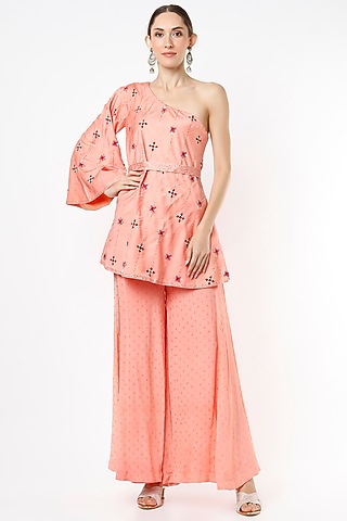 Rose Pink Mukaish Chiffon Sharara Set by VIDHI AGRAWAL