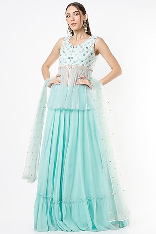 Aqua Georgette Gathered Lehenga Set by VIDHI AGRAWAL