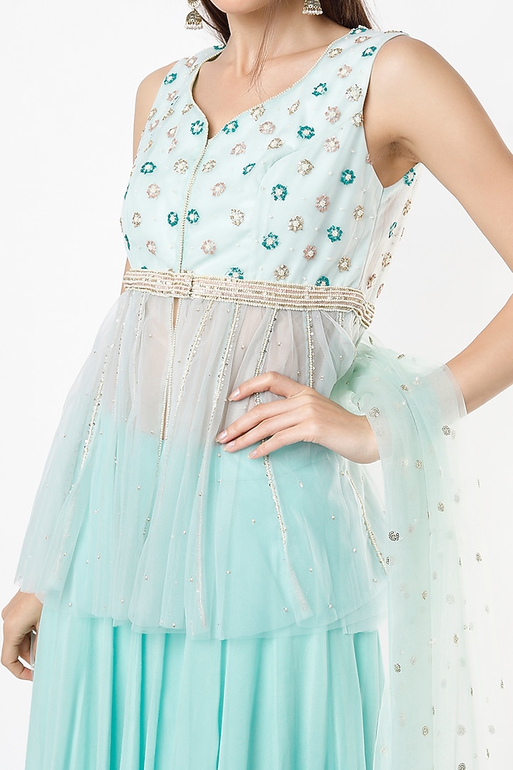 Aqua Georgette Gathered Lehenga Set by VIDHI AGRAWAL at Pernia's Pop Up Shop