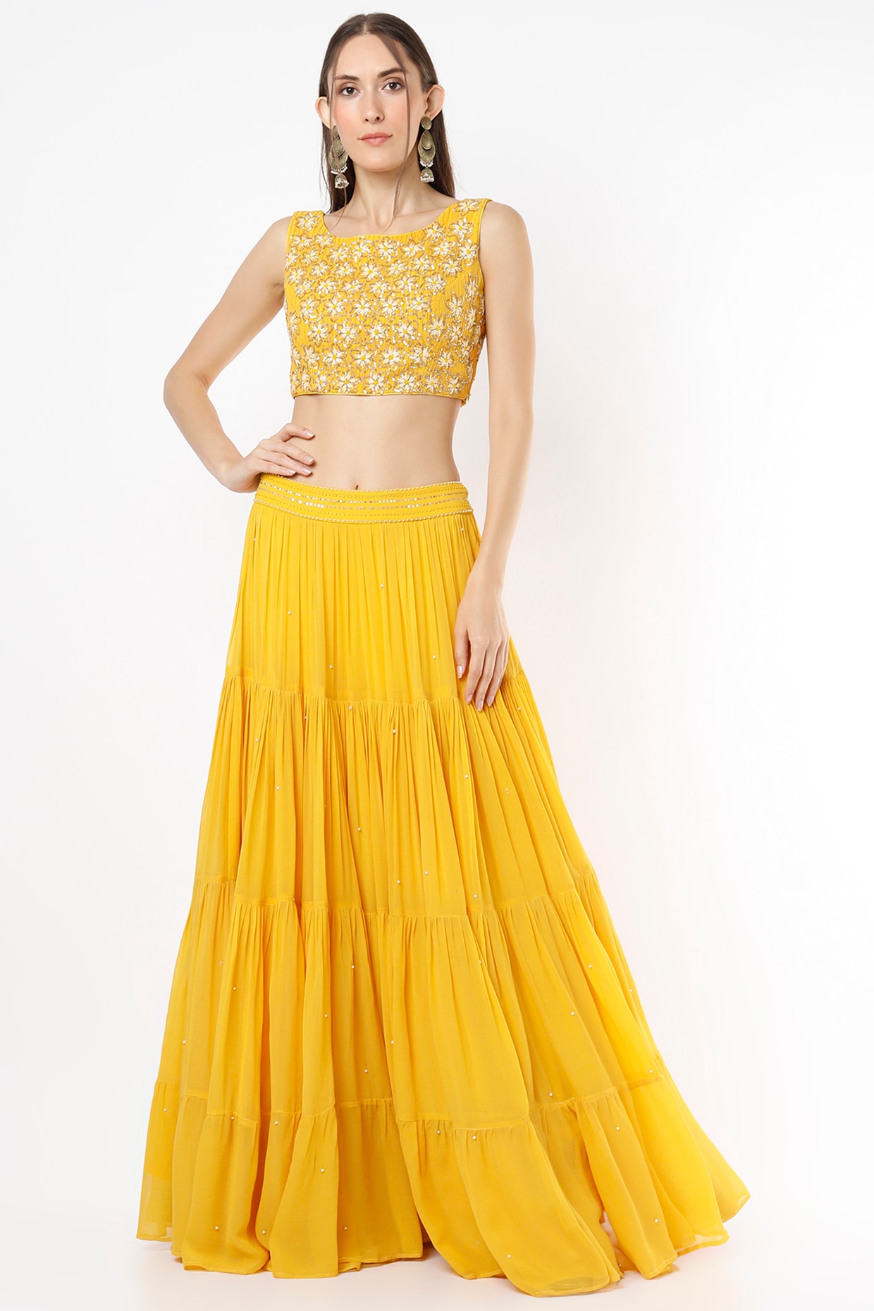 Yellow chiffon lehenga and crop top set, outlets festive skirt and blouse set