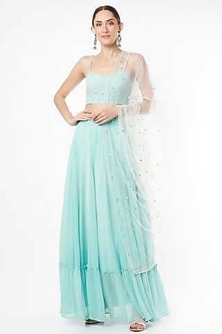 Aqua Gathered Lehenga Set by VIDHI AGRAWAL