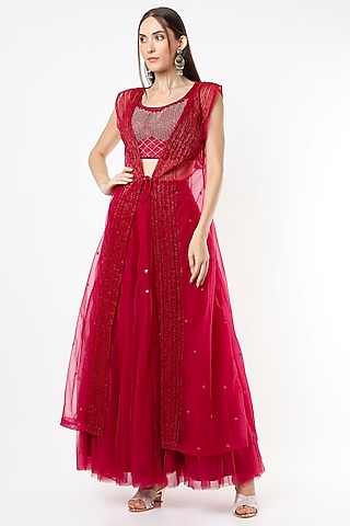 Burgundy Lehenga Set With Cape by VIDHI AGRAWAL
