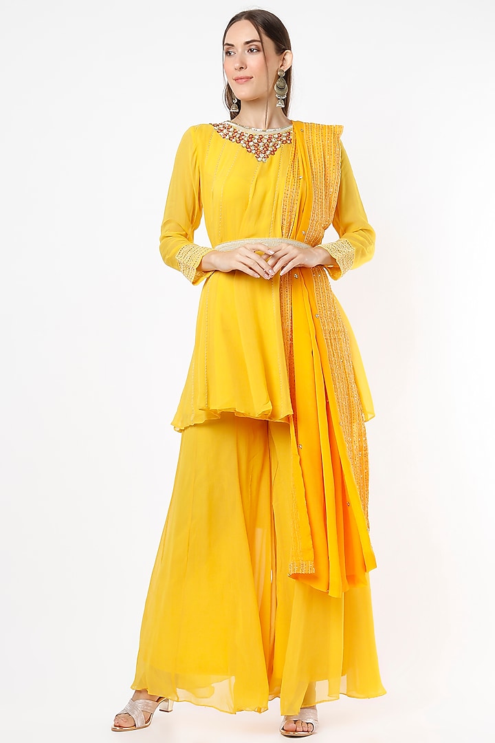 Canary Yellow Georgette Sharara Set by VIDHI AGRAWAL
