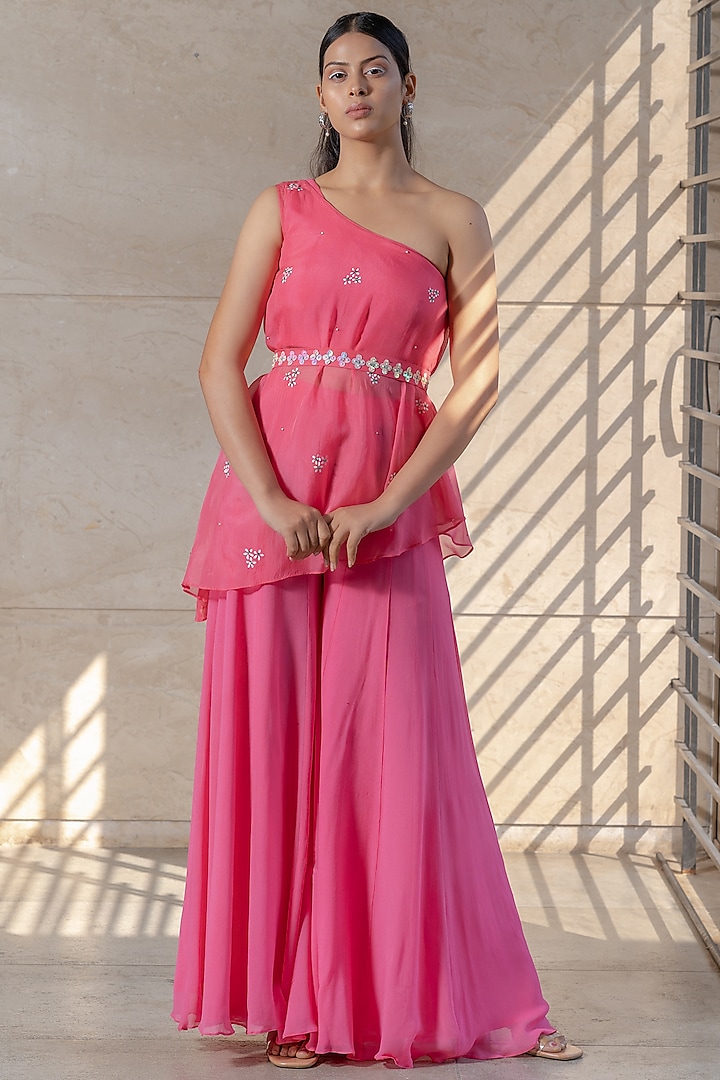 French Pink Georgette Sharara Set by VIDHI AGRAWAL