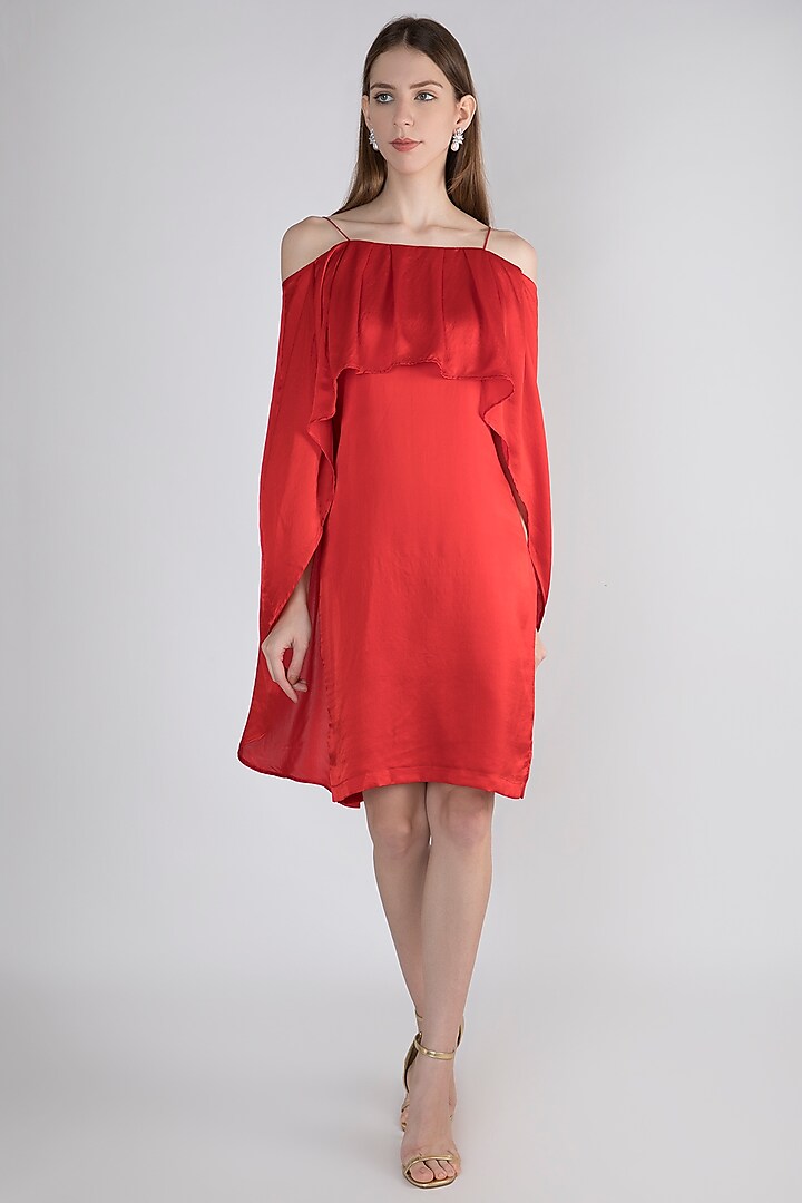 Rosso Red Off Shoulder Cape Dress by Vito Dell’Erba