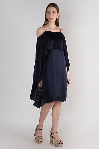 Navy Blue Off Shoulder Cape Dress by Vito Dell’Erba