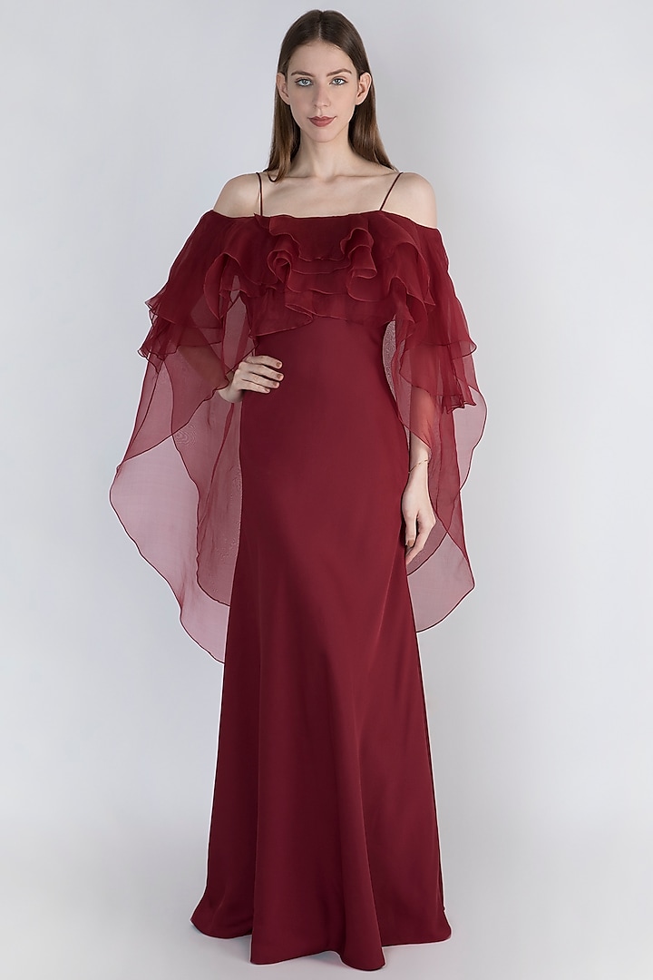 Wine Multi Layered Tapered Gown by Vito Dell’Erba