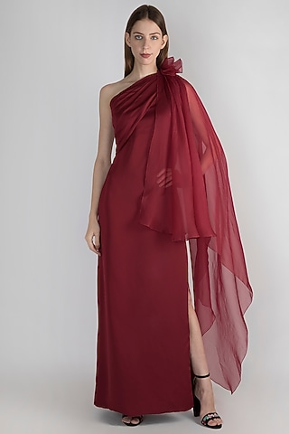 Wine Off Shoulder Gown by Vito Dell’Erba