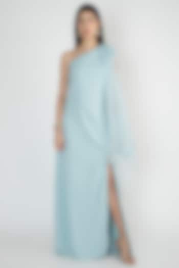 Light Blue Off Shoulder Cape Gown by Vito Dell’Erba