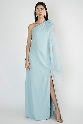 Light Blue Off Shoulder Cape Gown by Vito Dell’Erba