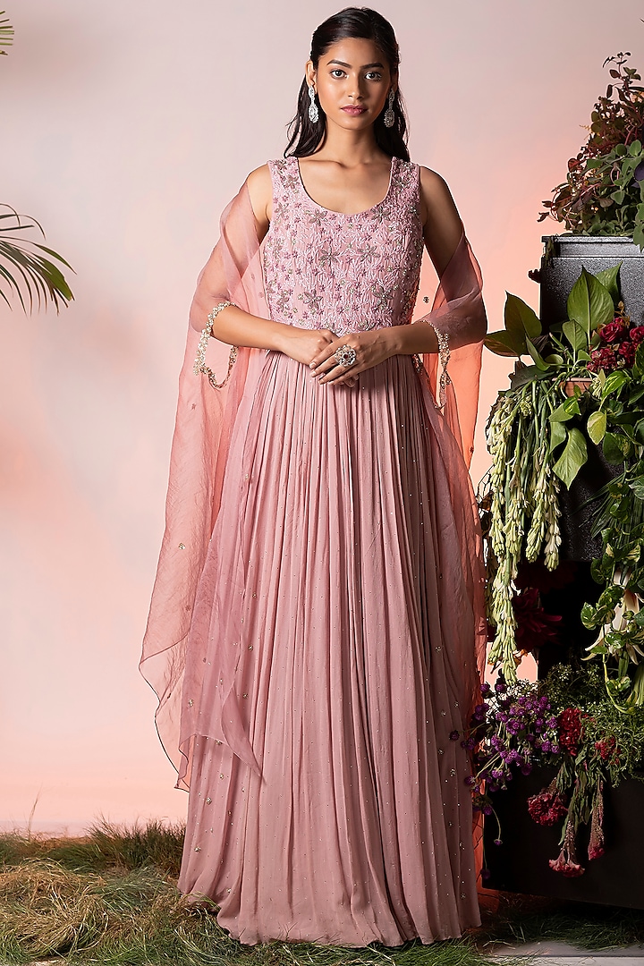 Pink Embroidered Anarkali With Cape by Vidushi Gupta