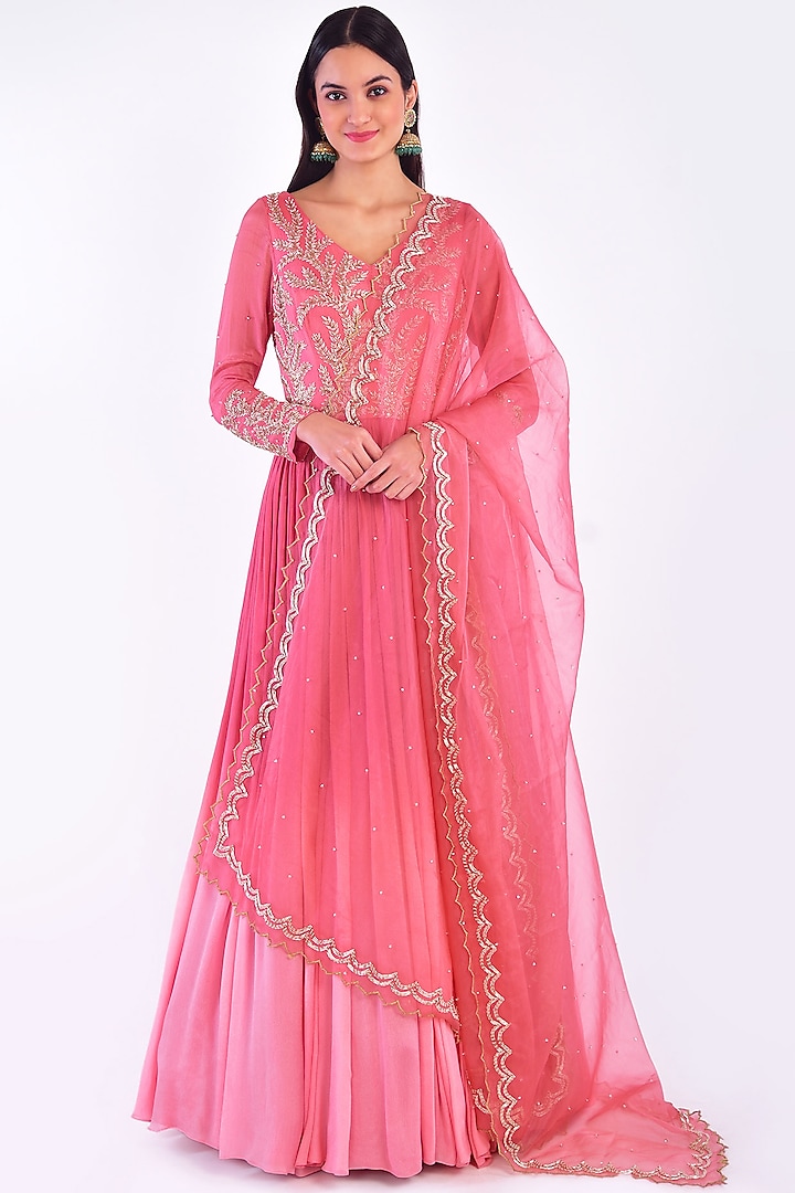 Coral Pink Ombre Hand Embroidered Anarkali Set by Vidushi Gupta