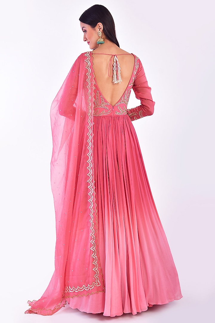 Coral Pink Ombre Hand Embroidered Wedding Anarkali Set by Vidushi Gupta at Pernia's Pop Up Shop