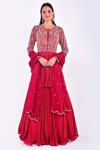 Rosy Red Hand Embroidered Anarkali Set by Vidushi Gupta