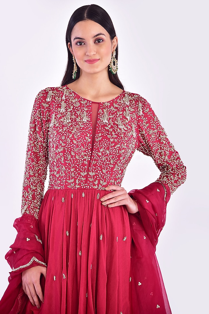 Rosy Red Hand Embroidered Wedding Anarkali Set by Vidushi Gupta at Pernia's Pop Up Shop