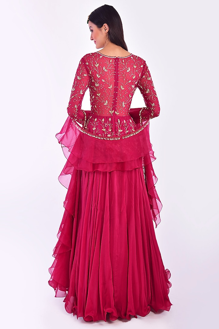 Rosy Red Hand Embroidered Wedding Anarkali Set by Vidushi Gupta at Pernia's Pop Up Shop