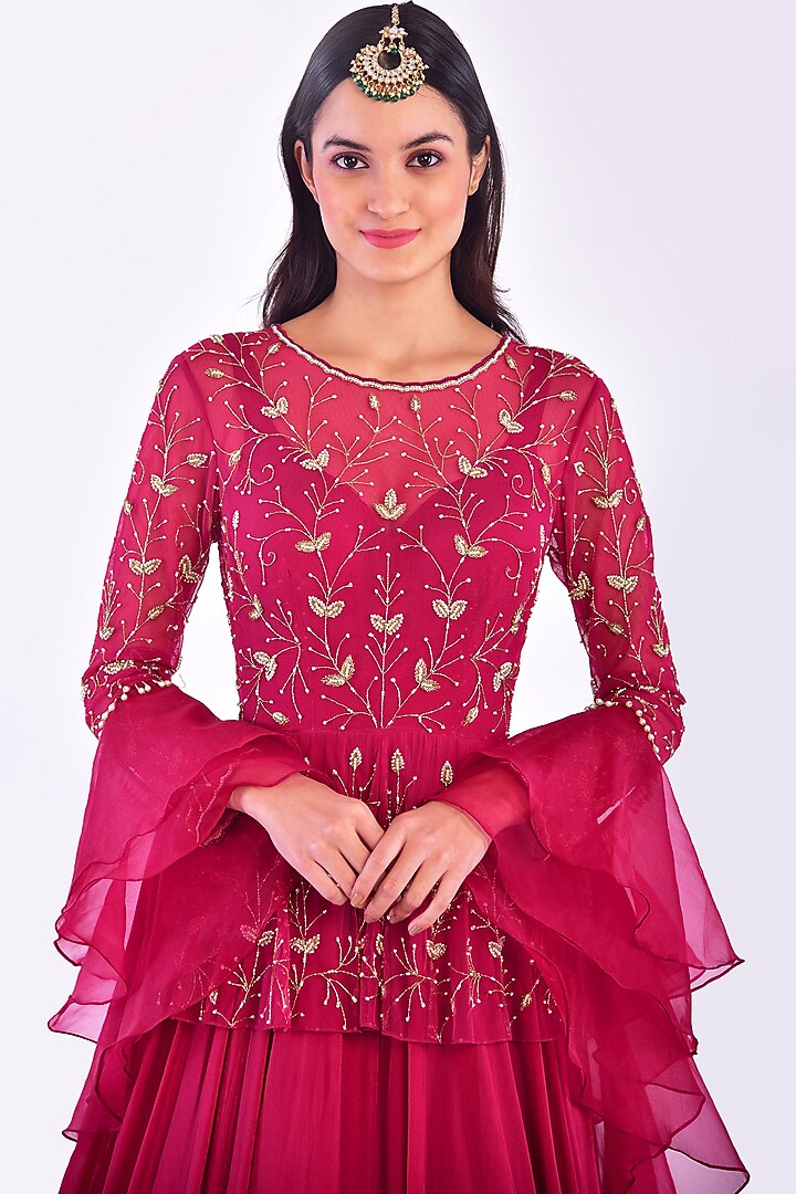 Rosy Red Hand Embroidered Wedding Anarkali Set by Vidushi Gupta at Pernia's Pop Up Shop