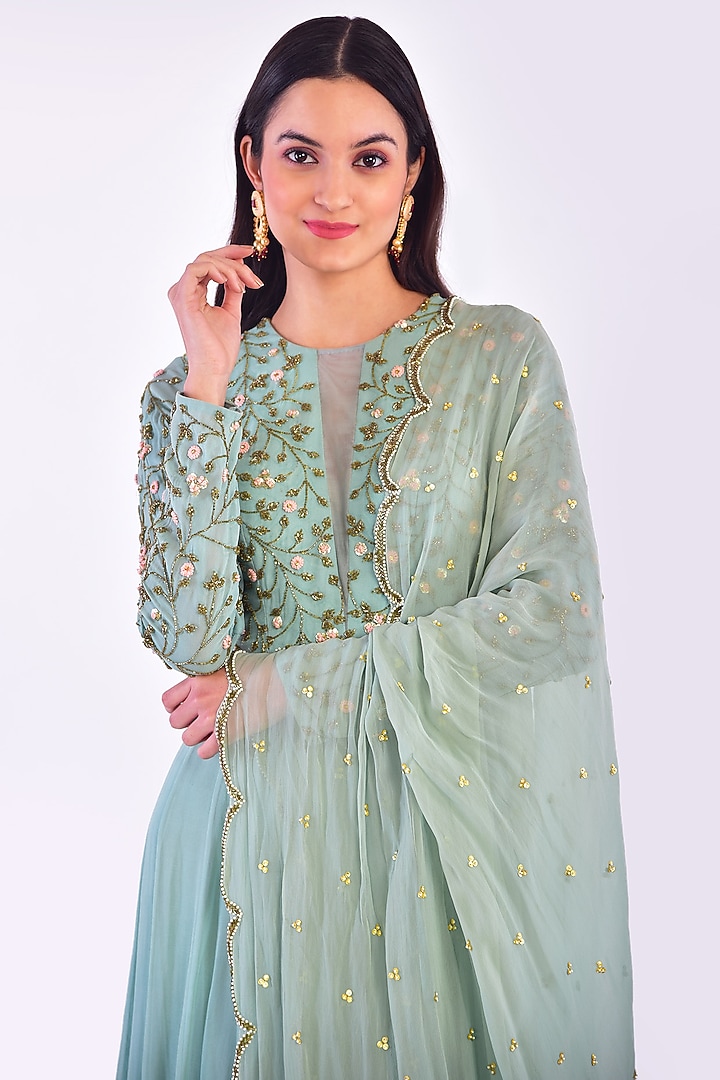 Coral Blue Hand Embroidered Party Wear Anarkali Set by Vidushi Gupta at Pernia's Pop Up Shop