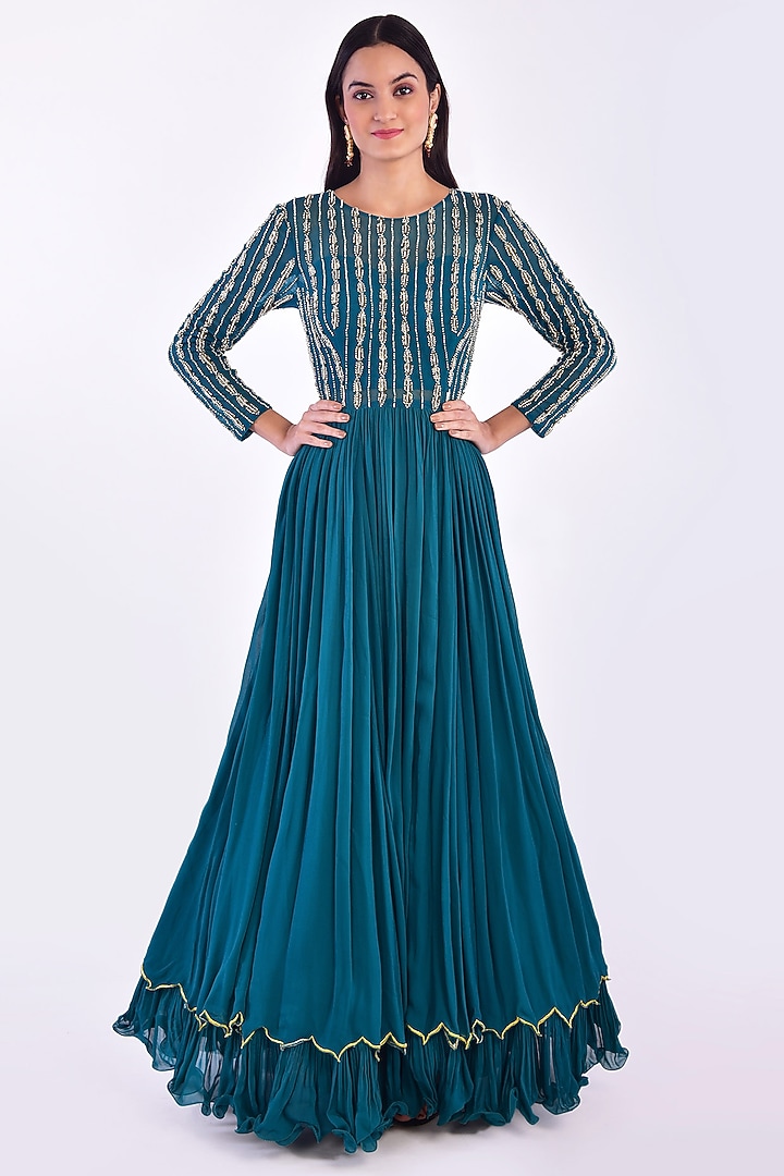 Jade Green Hand Embroidered Wedding Anarkali Set by Vidushi Gupta at Pernia's Pop Up Shop