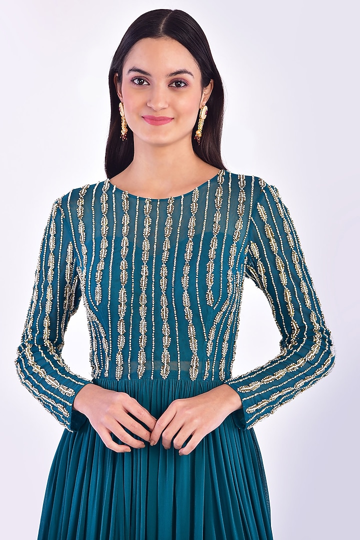Jade Green Hand Embroidered Wedding Anarkali Set by Vidushi Gupta at Pernia's Pop Up Shop