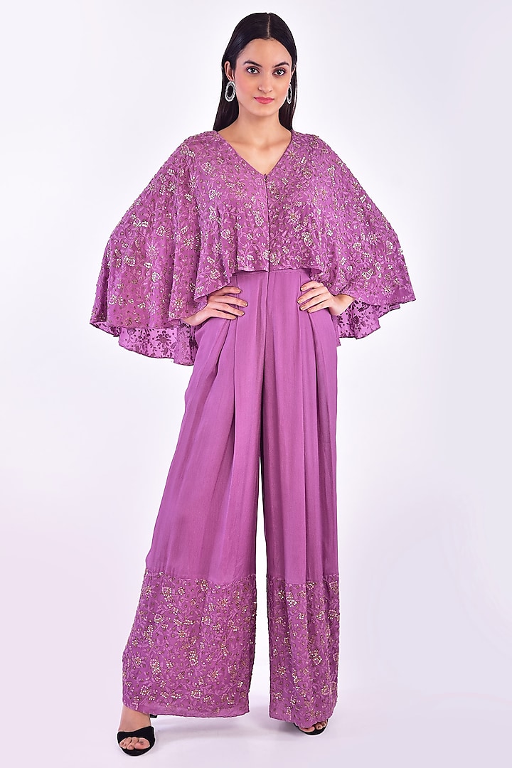 Lavender Hand Embroidered Cape Jumpsuit by Vidushi Gupta