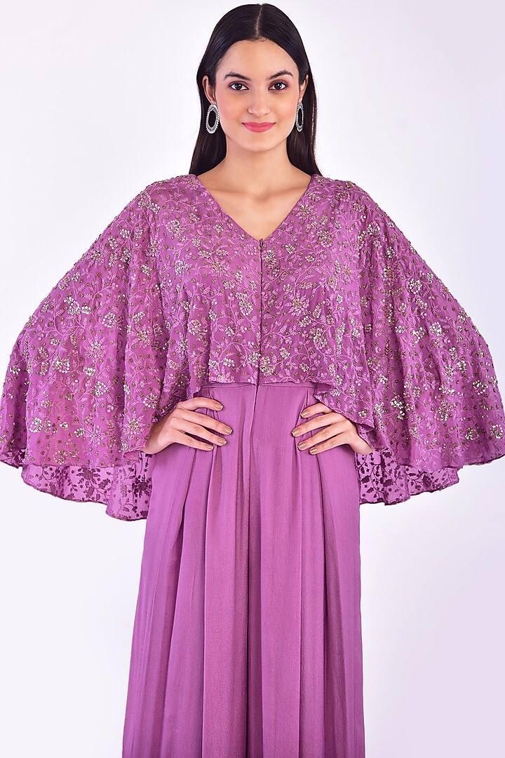 Lavender Hand Embroidered Cape Jumpsuit by Vidushi Gupta at Pernia's Pop Up Shop