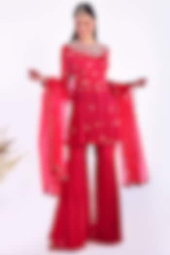 Rosy Red Hand Embroidered Gharara Set by Vidushi Gupta at Pernia's Pop Up Shop