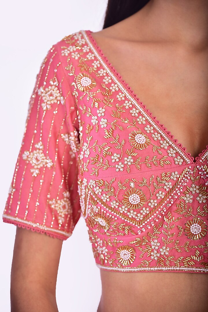 Coral Pink Hand Embroidered Wedding Lehenga Set by Vidushi Gupta at Pernia's Pop Up Shop
