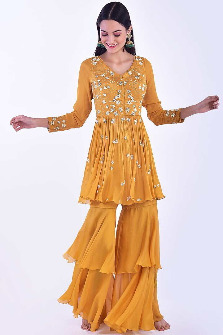 Mustard Yellow Hand Embroidered Gharara Set by Vidushi Gupta at Pernia's Pop Up Shop