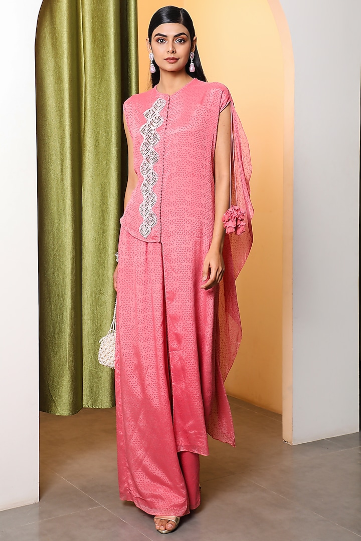 Punch Pink Asymmetric Tunic Set by Vidushi Gupta